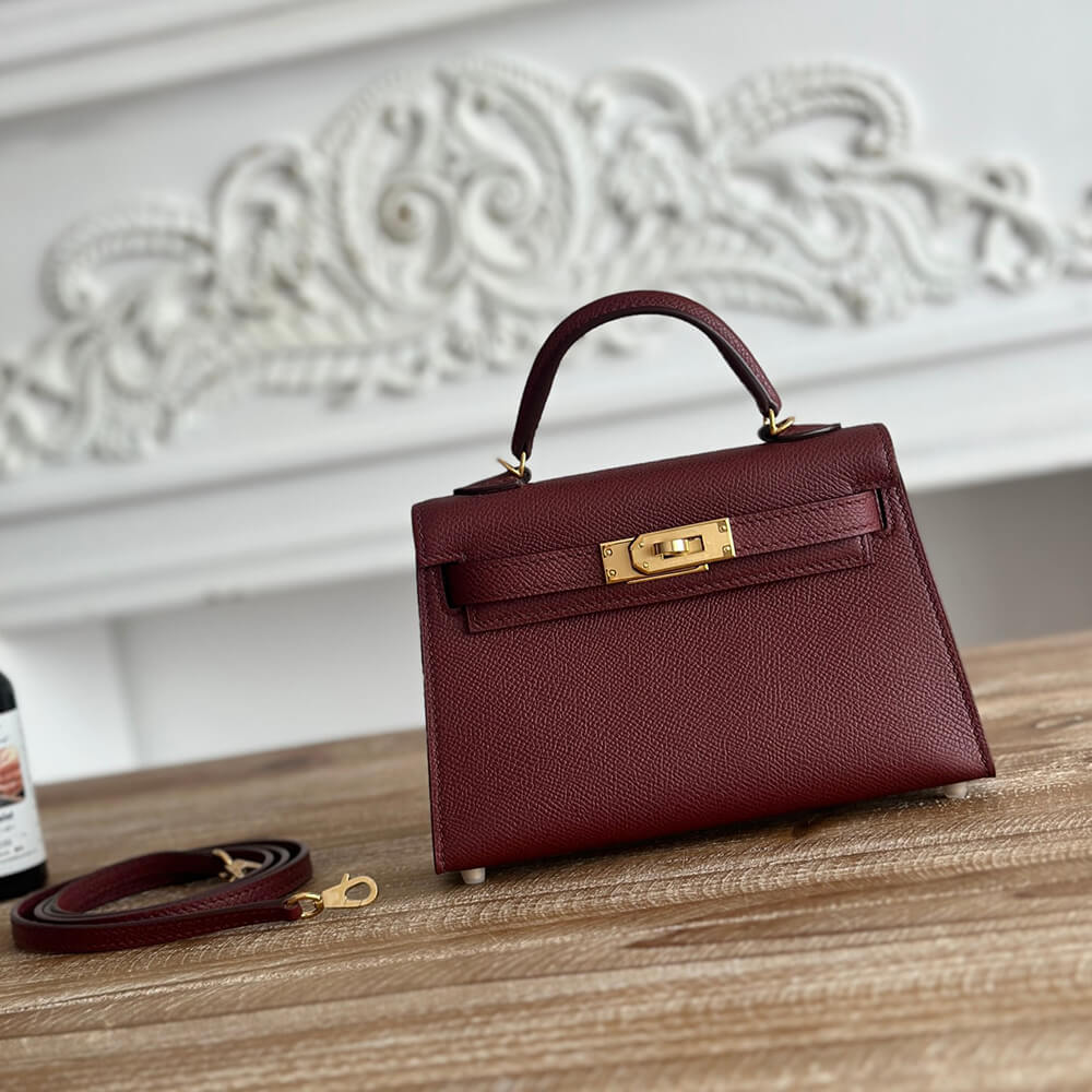 Hermes Mini Kelly II (High-End Grade) – Burgundy with Gold Hardware