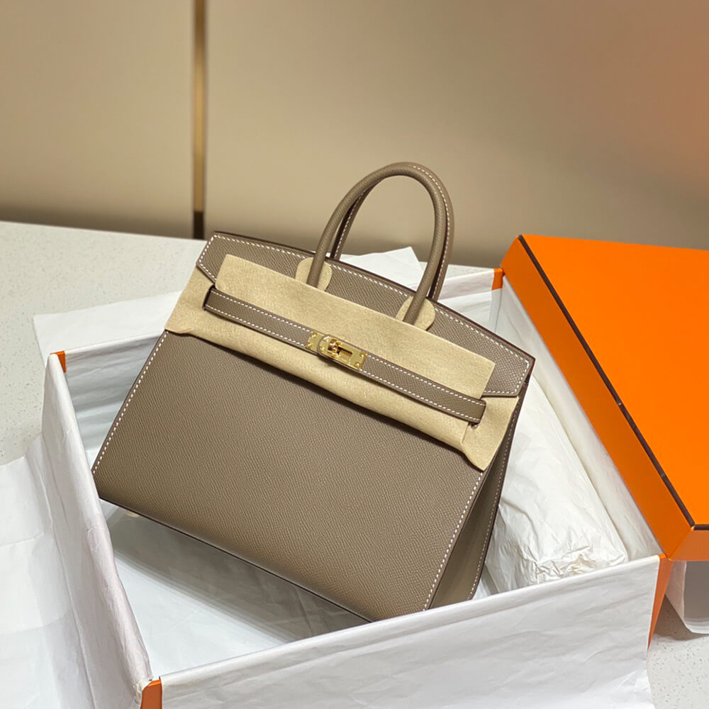 Birkin-Style 25 Sellier Tote – Etoupe with Gold Accents