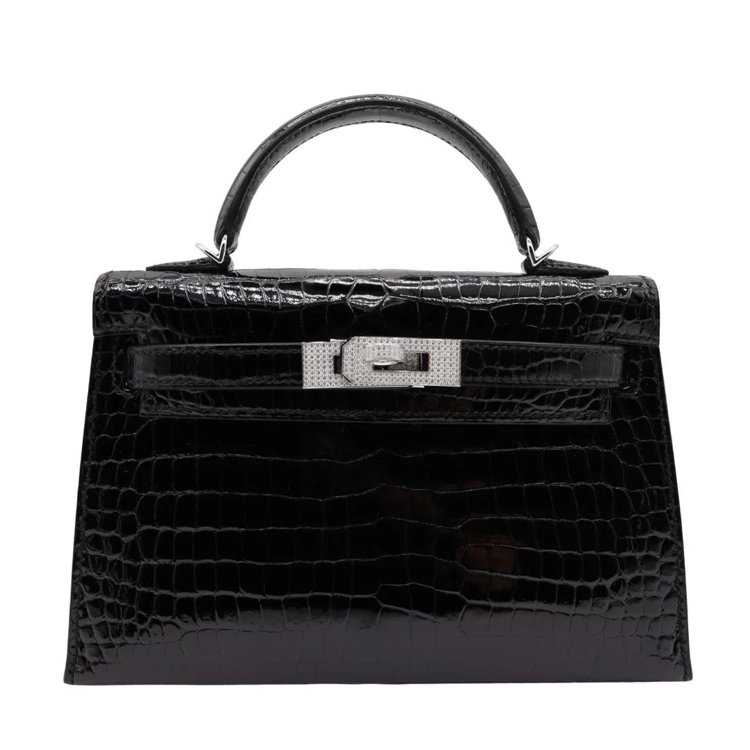 Handmade Mini Black Shiny Porosus Crocodile Diamond Hardware