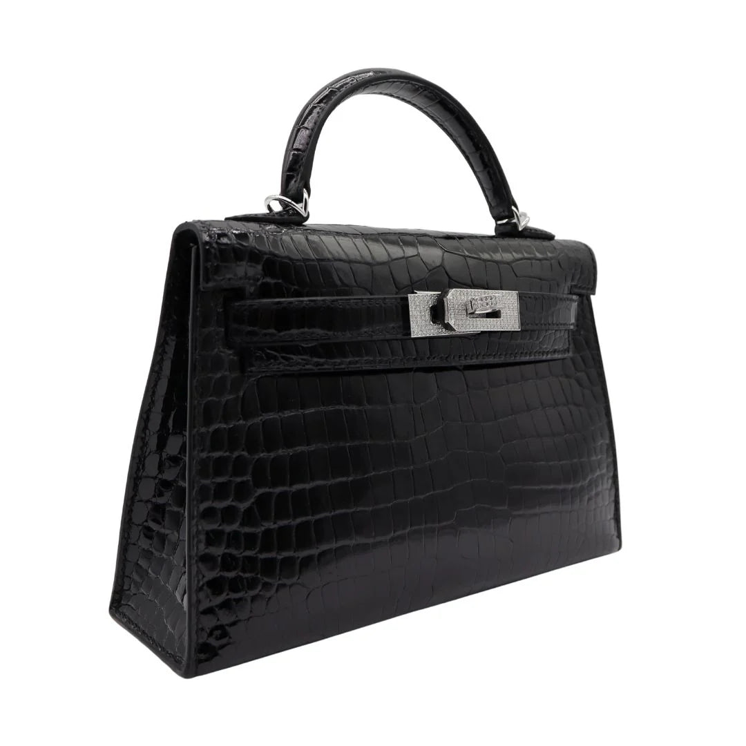 Handmade Mini Black Shiny Porosus Crocodile Diamond Hardware