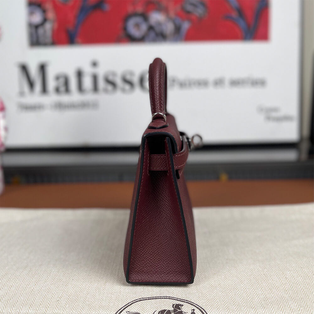 Hermes Mini Kelly II – Burgundy, Silver Hardware (High-End Grade)