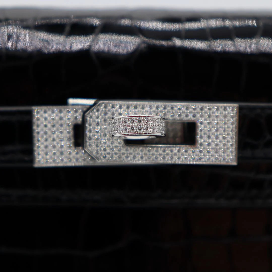 Handmade Mini Black Shiny Porosus Crocodile Diamond Hardware