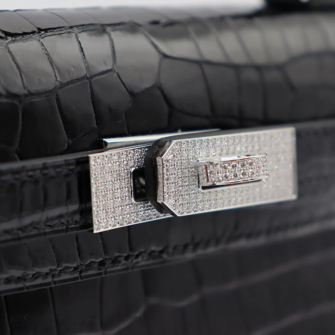 Handmade Mini Black Shiny Porosus Crocodile Diamond Hardware
