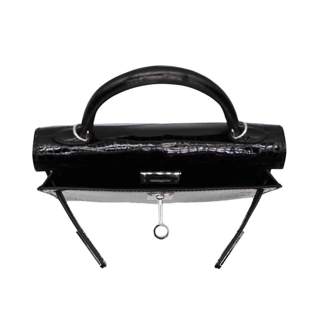 Handmade Mini Black Shiny Porosus Crocodile Diamond Hardware