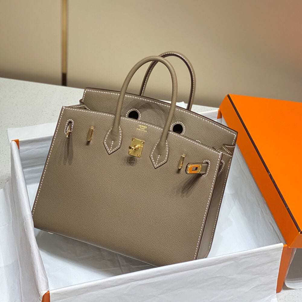 Birkin-Style 25 Sellier Tote – Etoupe with Gold Accents