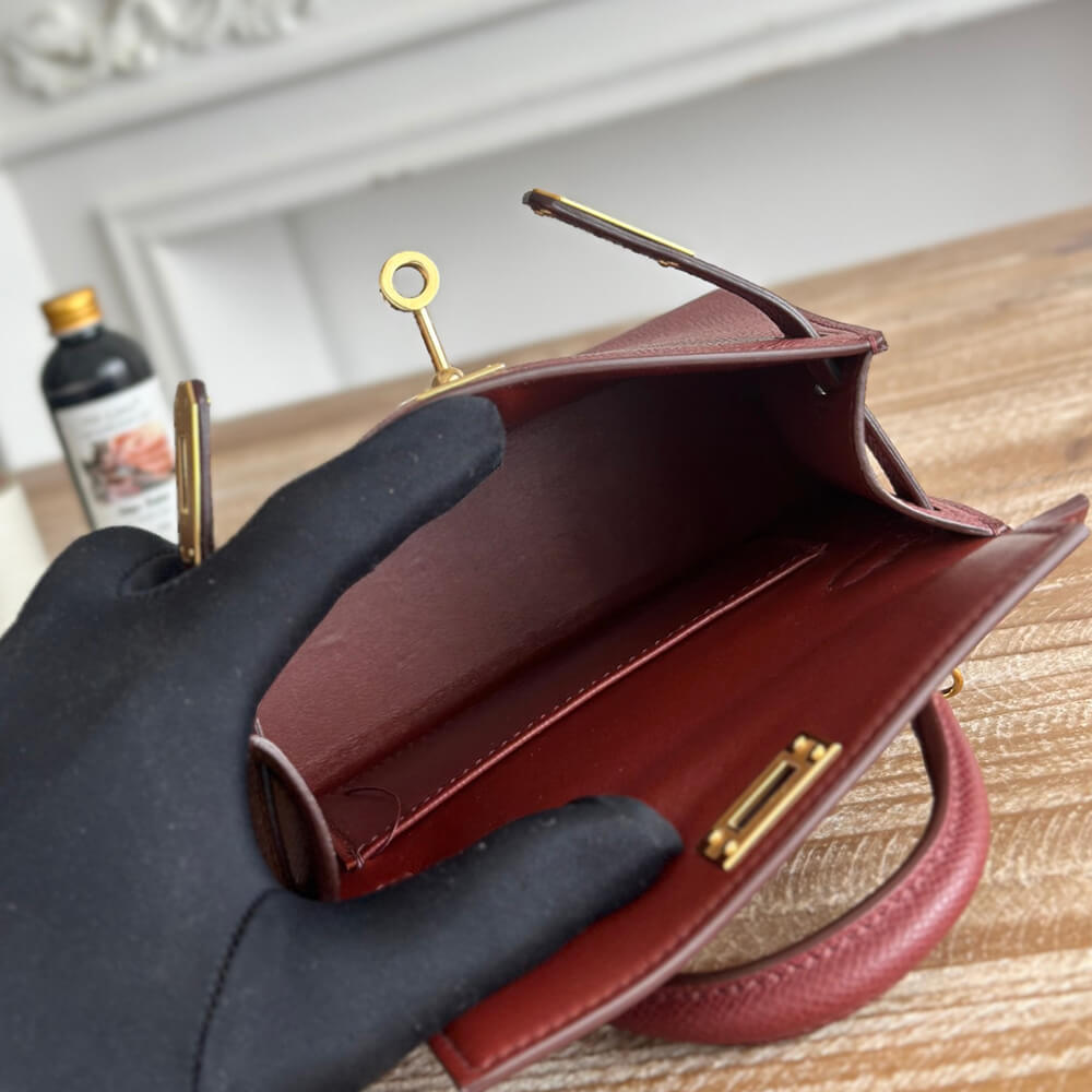 Hermes Mini Kelly II (High-End Grade) – Burgundy with Gold Hardware