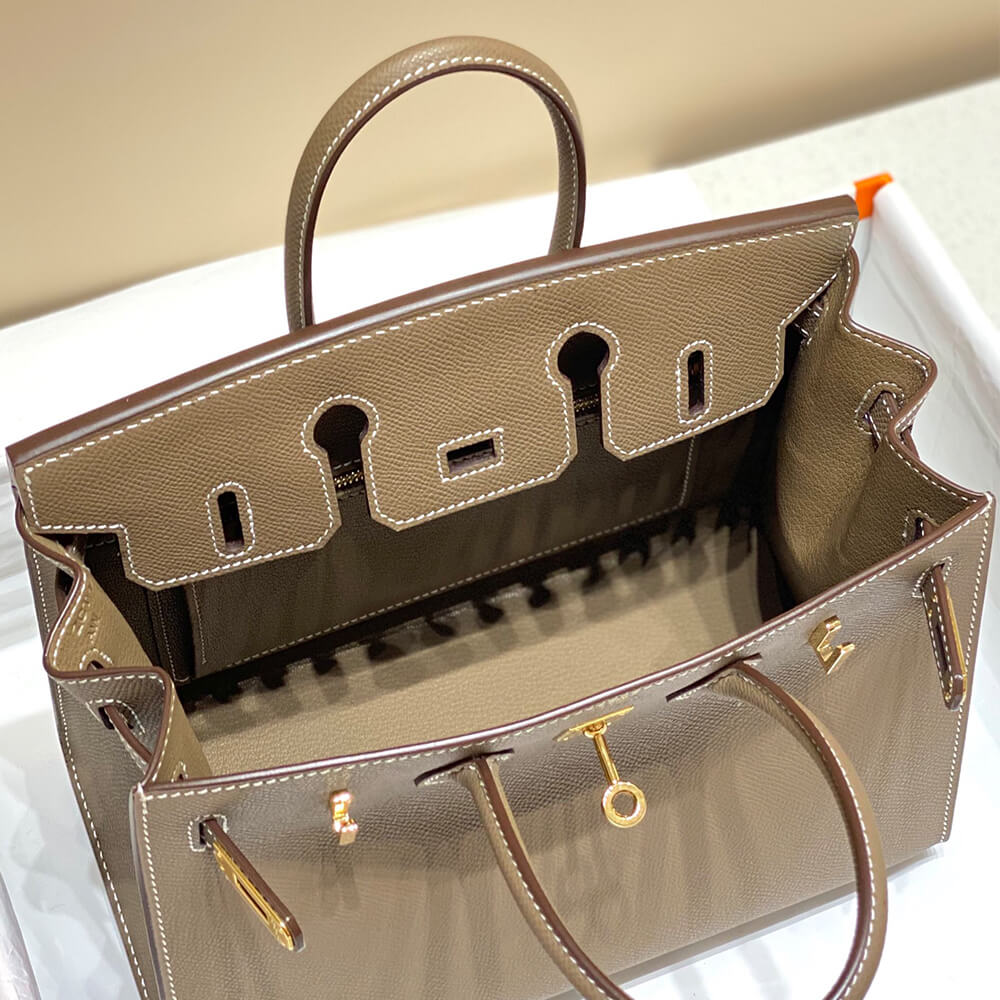 Birkin-Style 25 Sellier Tote – Etoupe with Gold Accents