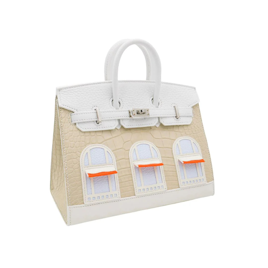 Handmade 20cm Faubourg Sellier Tote in White Snow with Palladium