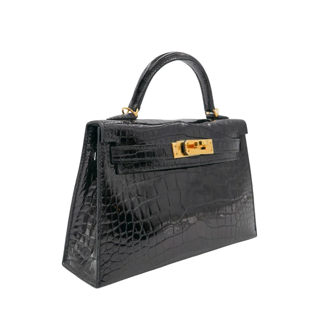 Handmade Mini Black Shiny Crocodile Gold Hardware