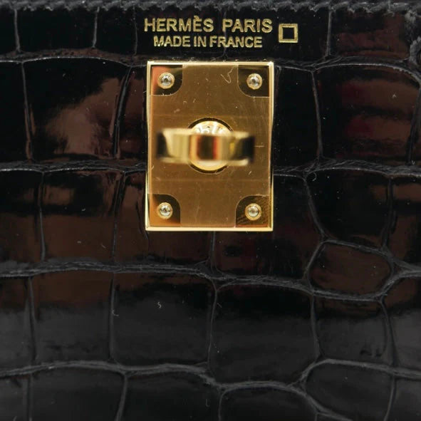 Handmade Mini Black Shiny Crocodile Gold Hardware