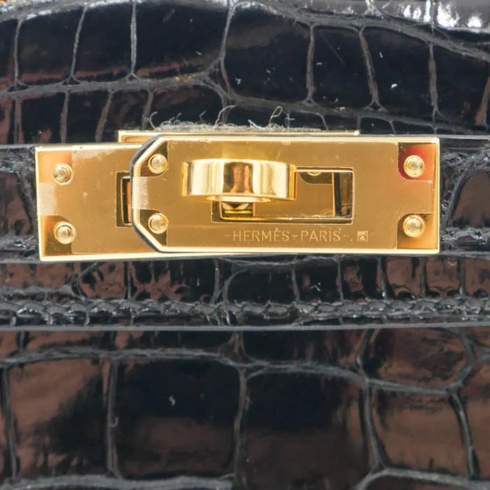 Handmade Mini Black Shiny Crocodile Gold Hardware