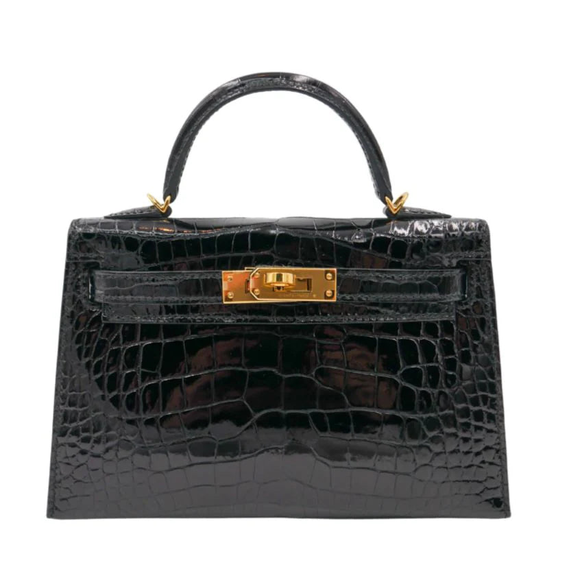 Handmade Mini Black Shiny Crocodile Gold Hardware