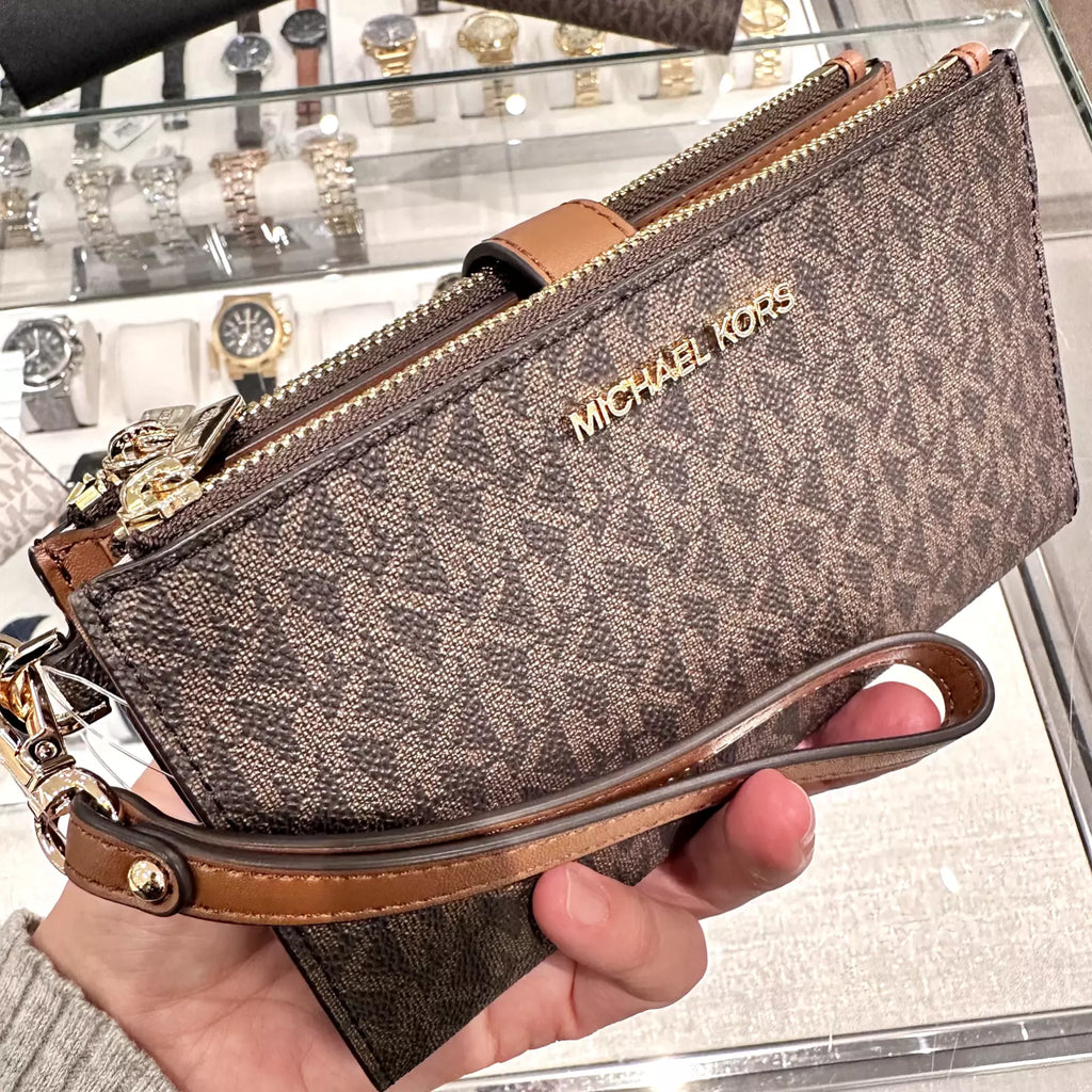 Jet Set Travel Double Zip Wristlet — Luggage Brown