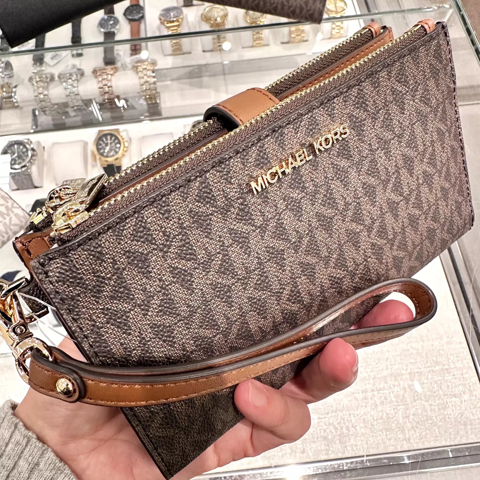 Jet Set Travel Double Zip Wristlet — Luggage Brown