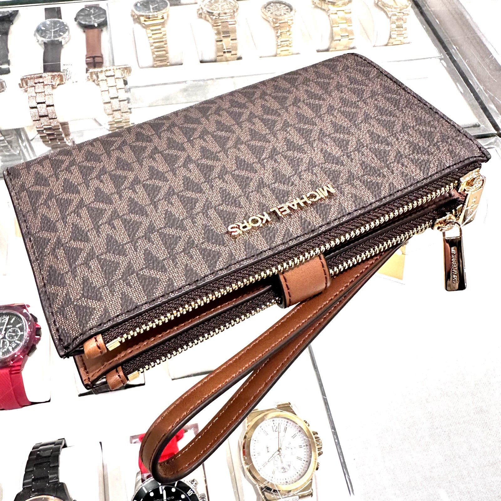 Jet Set Travel Double Zip Wristlet — Luggage Brown