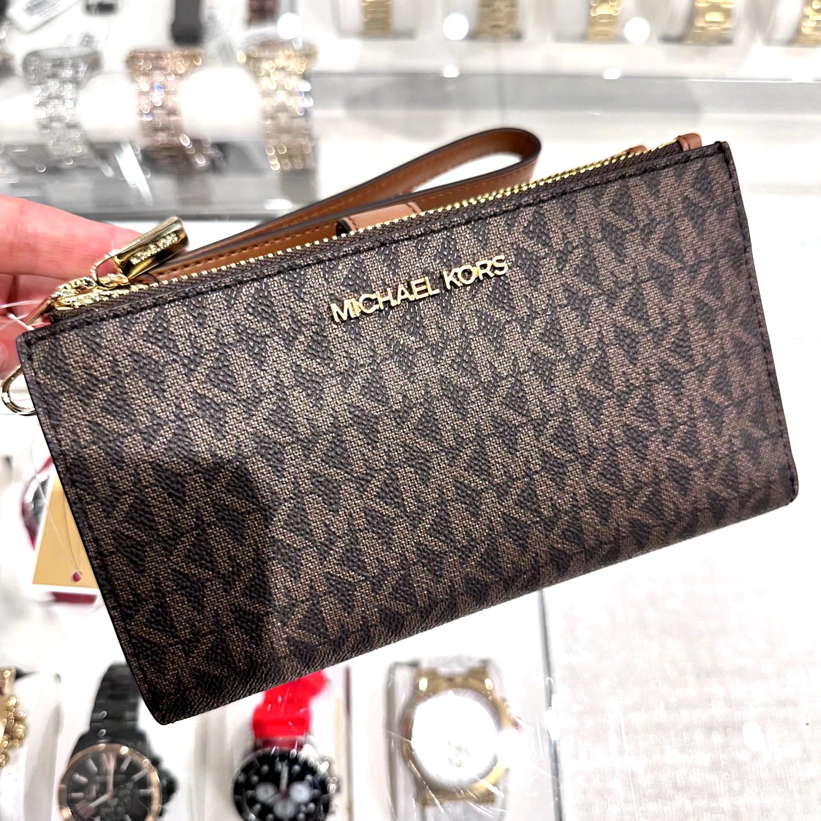 Jet Set Travel Double Zip Wristlet — Luggage Brown