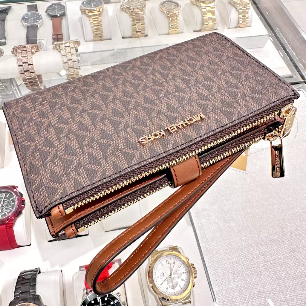 Jet Set Travel Double Zip Wristlet — Luggage Brown