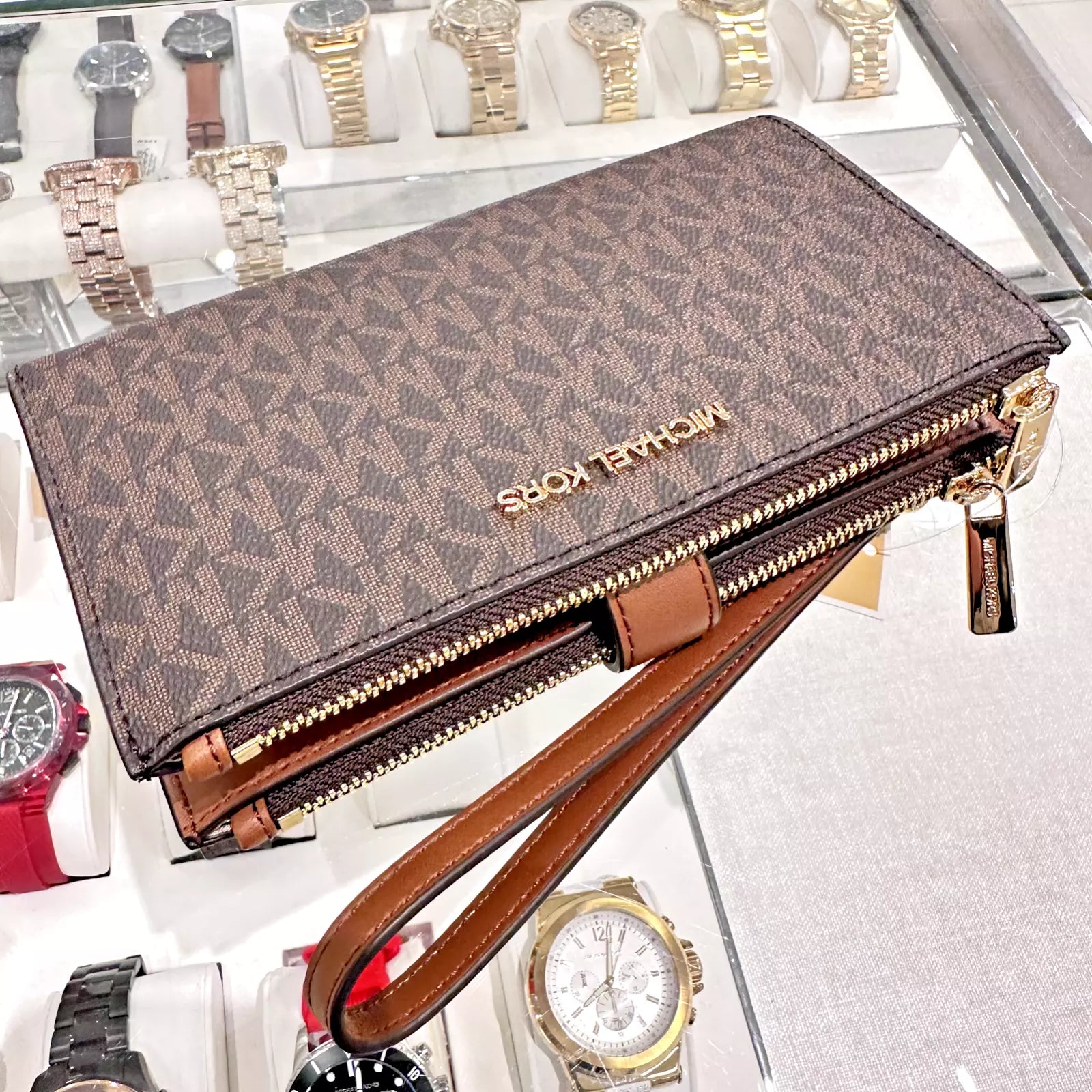 Jet Set Travel Double Zip Wristlet — Luggage Brown