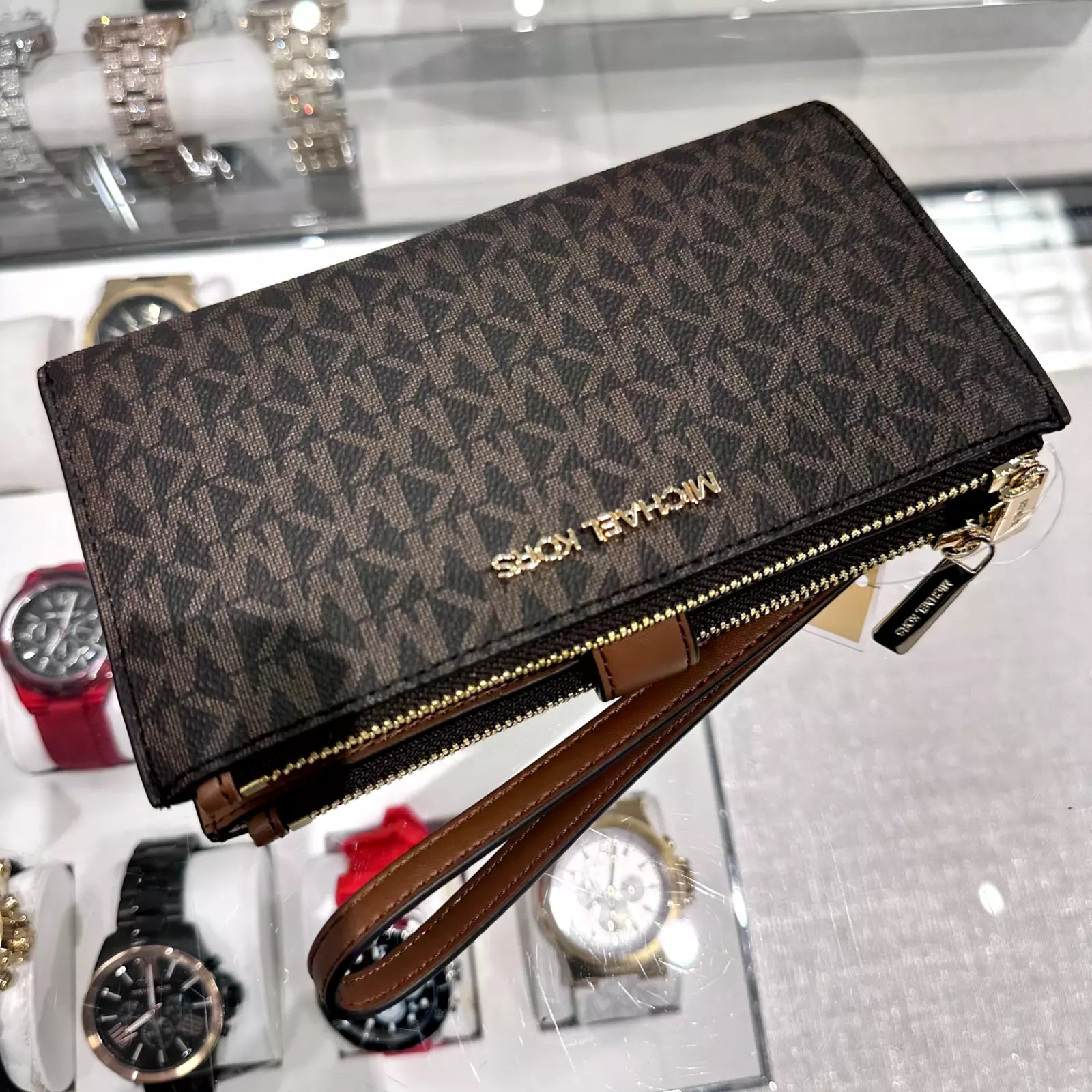 Jet Set Travel Double Zip Wristlet — Luggage Brown