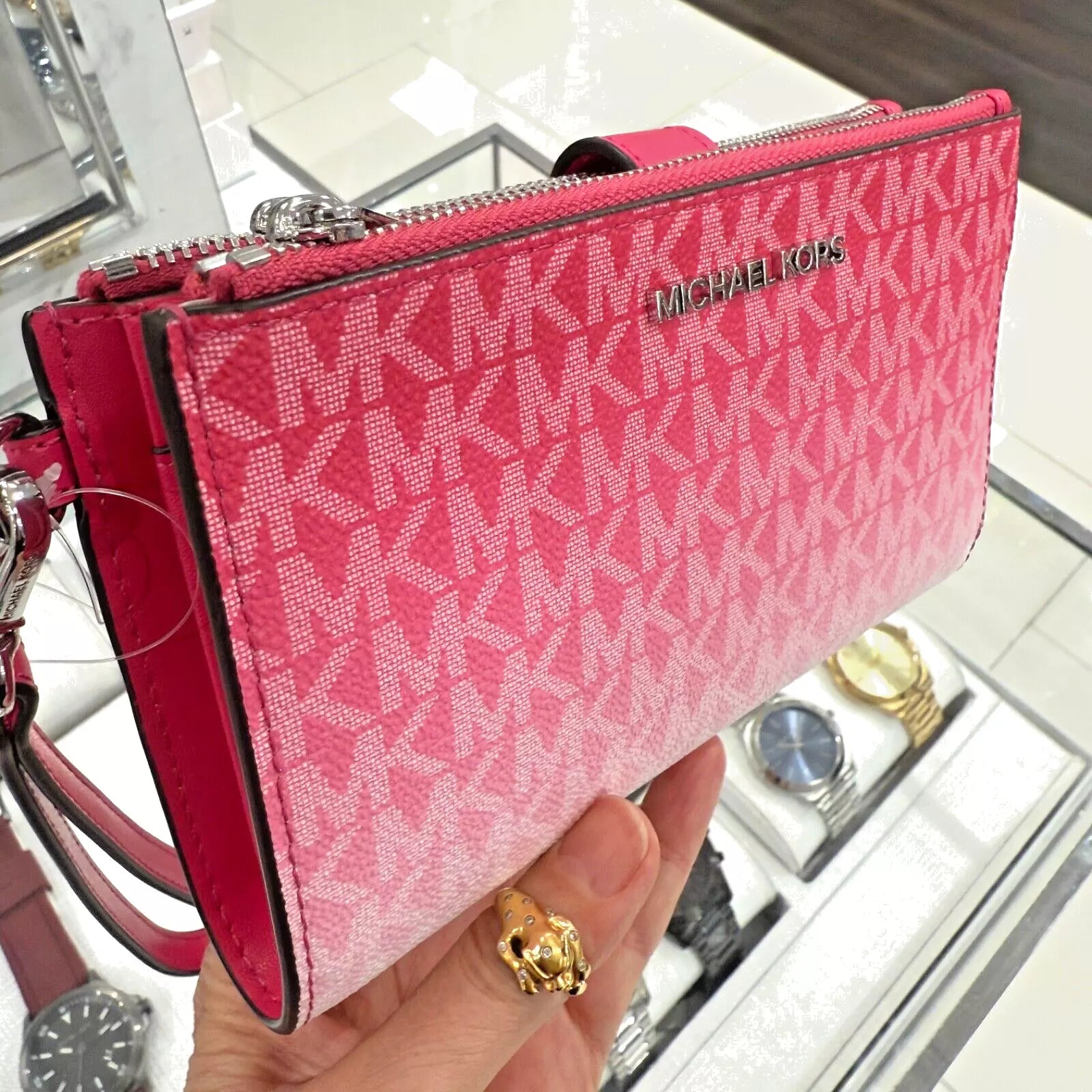 Jet Set Travel Double Zip Wristlet — Dragonfruit