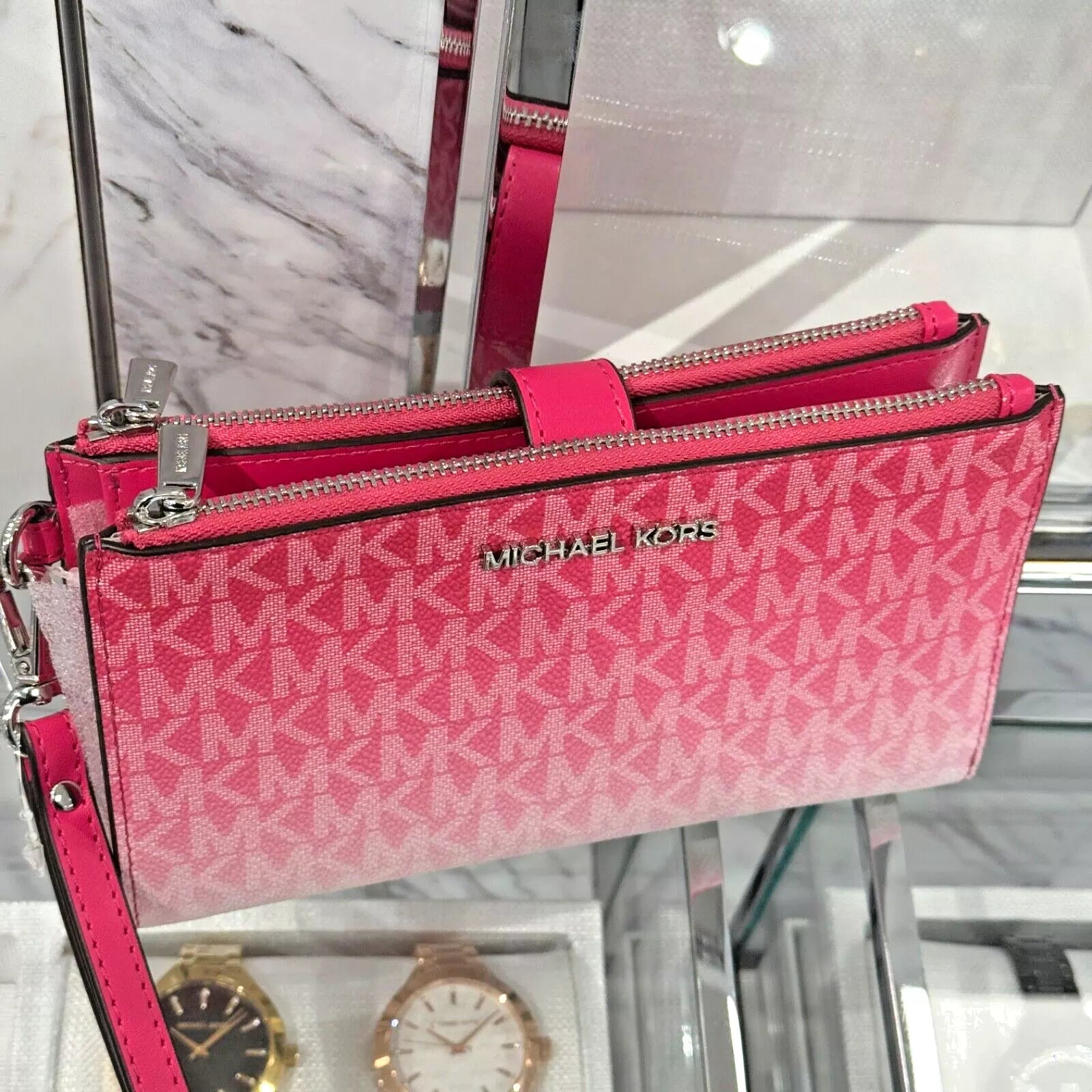 Jet Set Travel Double Zip Wristlet — Dragonfruit