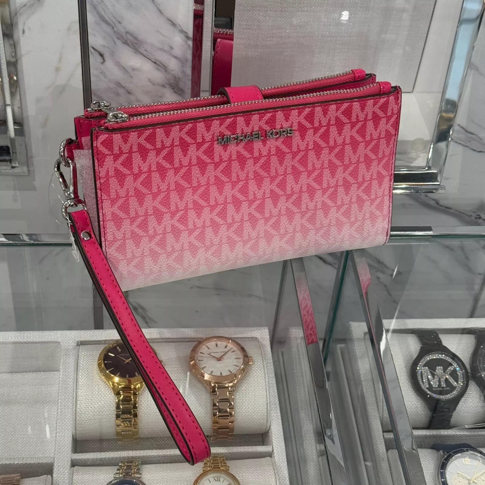 Jet Set Travel Double Zip Wristlet — Dragonfruit