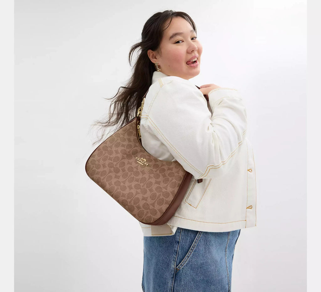 COACH  Teri Hobo Bag Signature Canvas Tan/Brown CV940 Outlet NEW