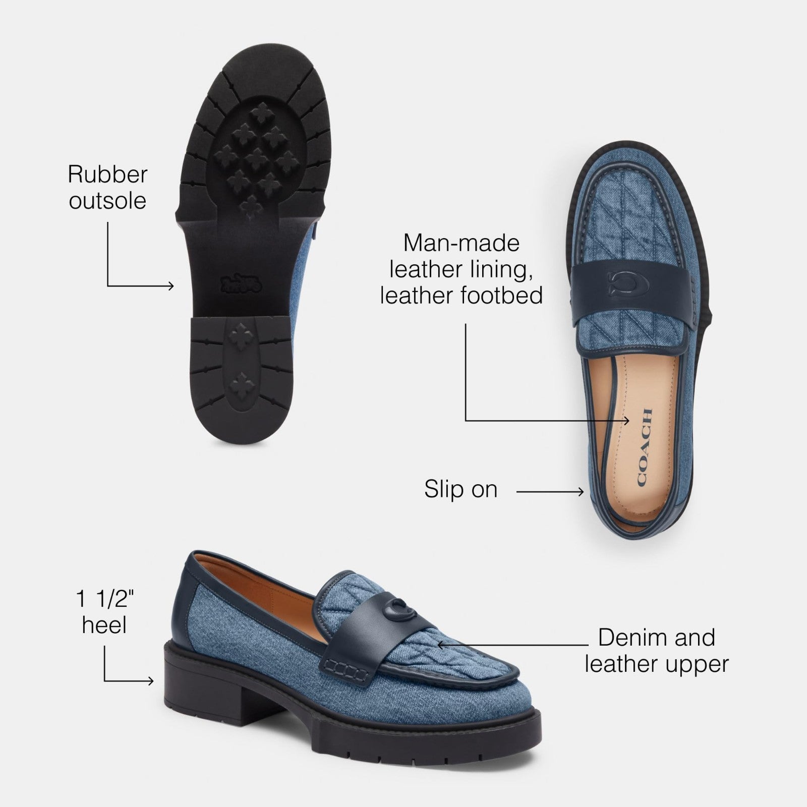 Coach Women's Leah Loafer Indigo Denim Blue Signature Logo Size 7 US 1.5” Heel
