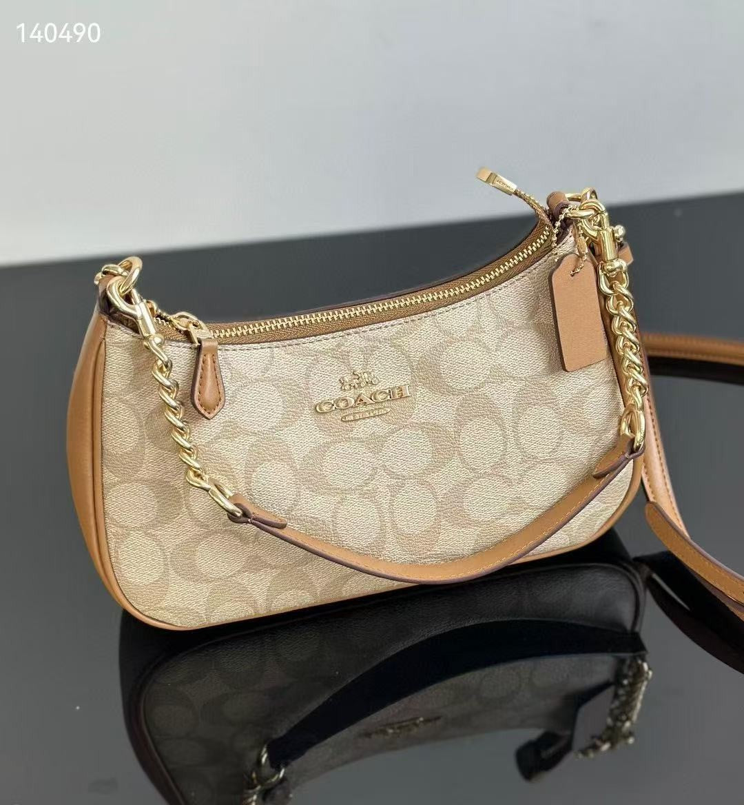 COACH Teri Shoulder Bag In Signature Canvas/Gold/Brown New Fast Shipping
