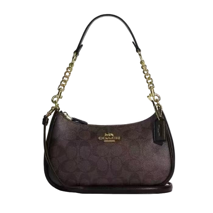COACH Teri Shoulder Bag In Signature Canvas/Gold/Walnut/Black New Fast Shipping
