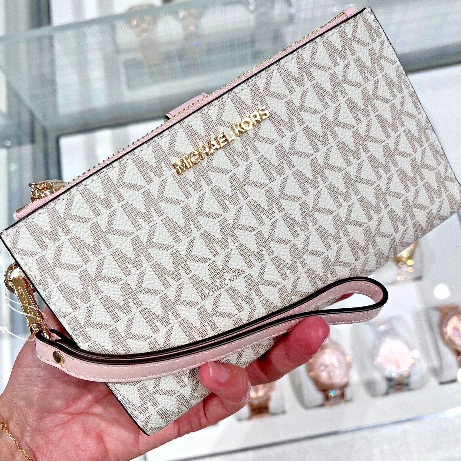 Jet Set Travel Double Zip Wristlet — Powder Blush