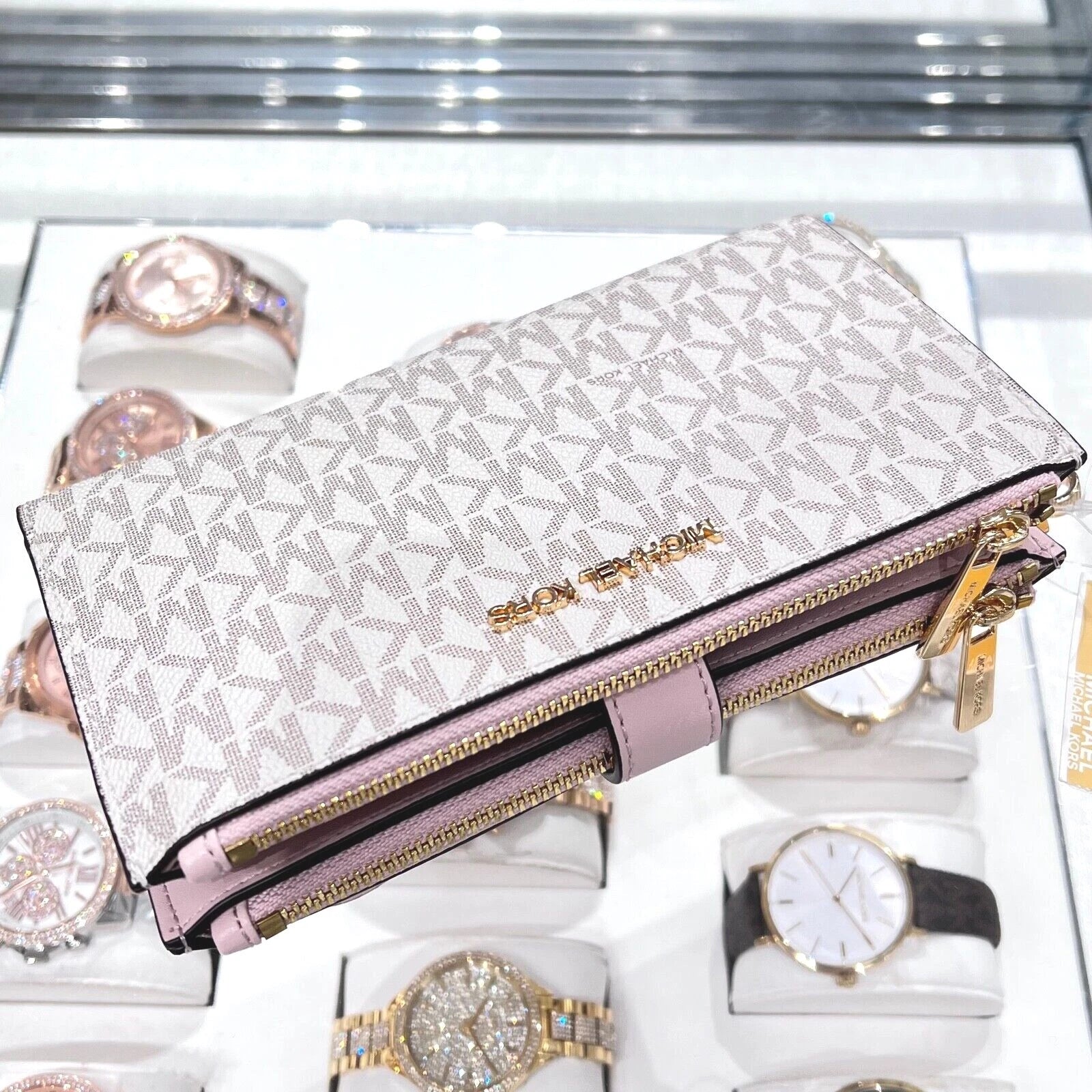 Jet Set Travel Double Zip Wristlet — Powder Blush