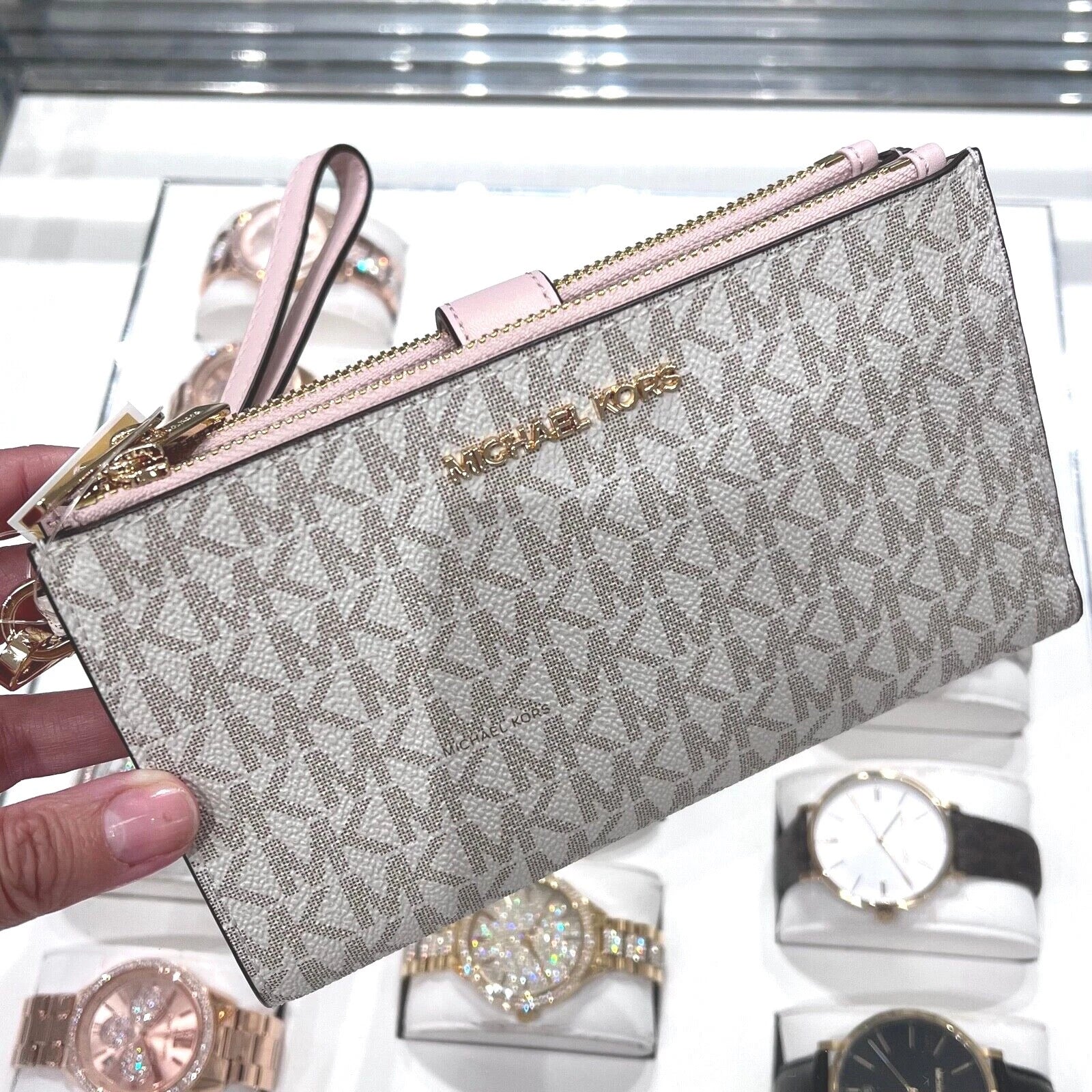 Jet Set Travel Double Zip Wristlet — Powder Blush