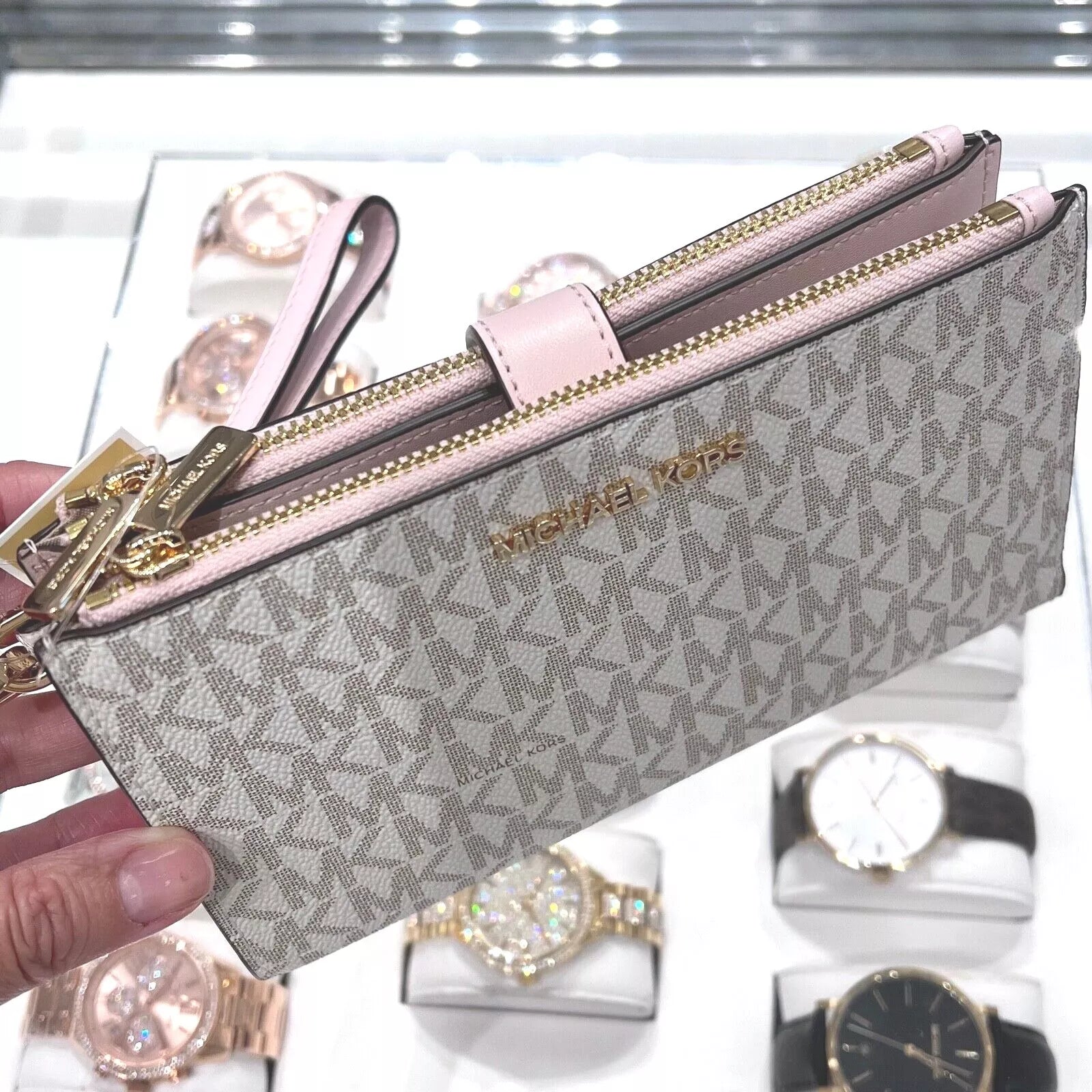 Jet Set Travel Double Zip Wristlet — Powder Blush