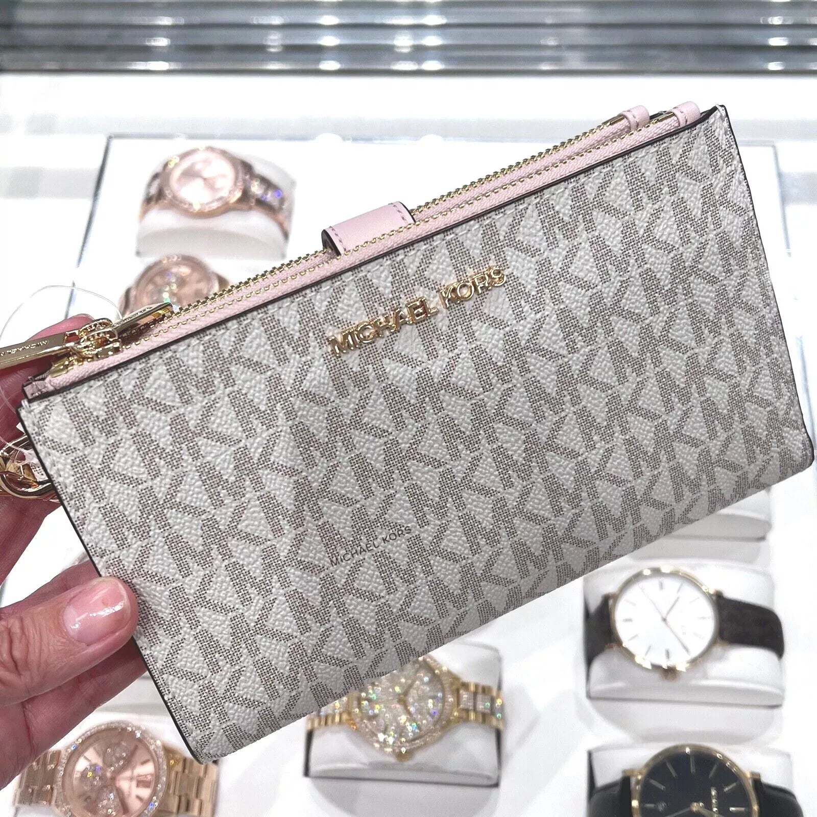 Jet Set Travel Double Zip Wristlet — Powder Blush