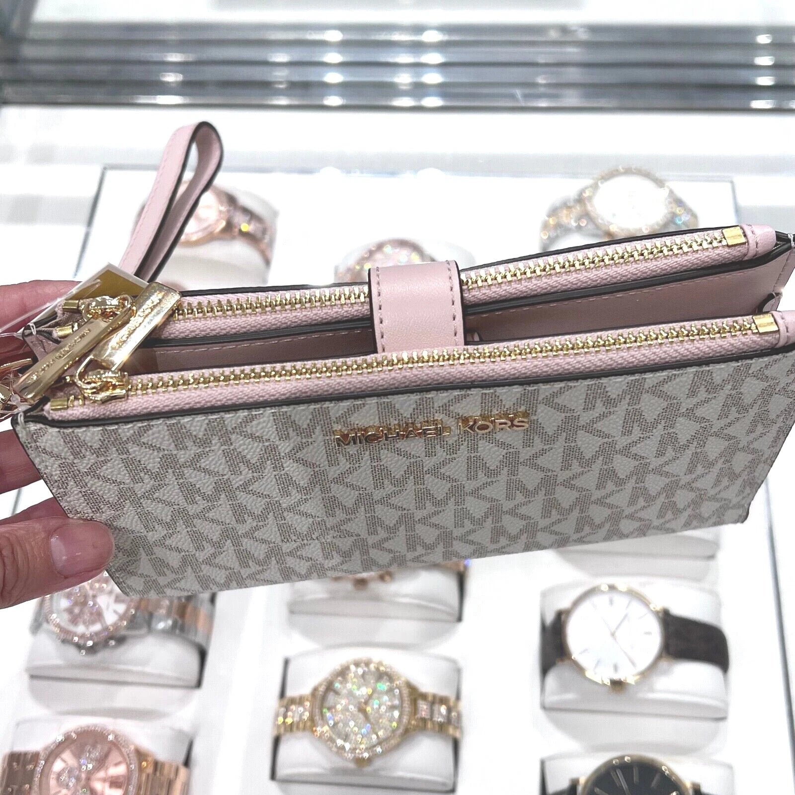 Jet Set Travel Double Zip Wristlet — Powder Blush