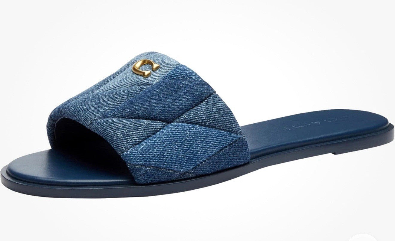 COACH Women's Holly Quilted Patch Denim Logo Detail Slide Sandals Sz 6.5 NIB