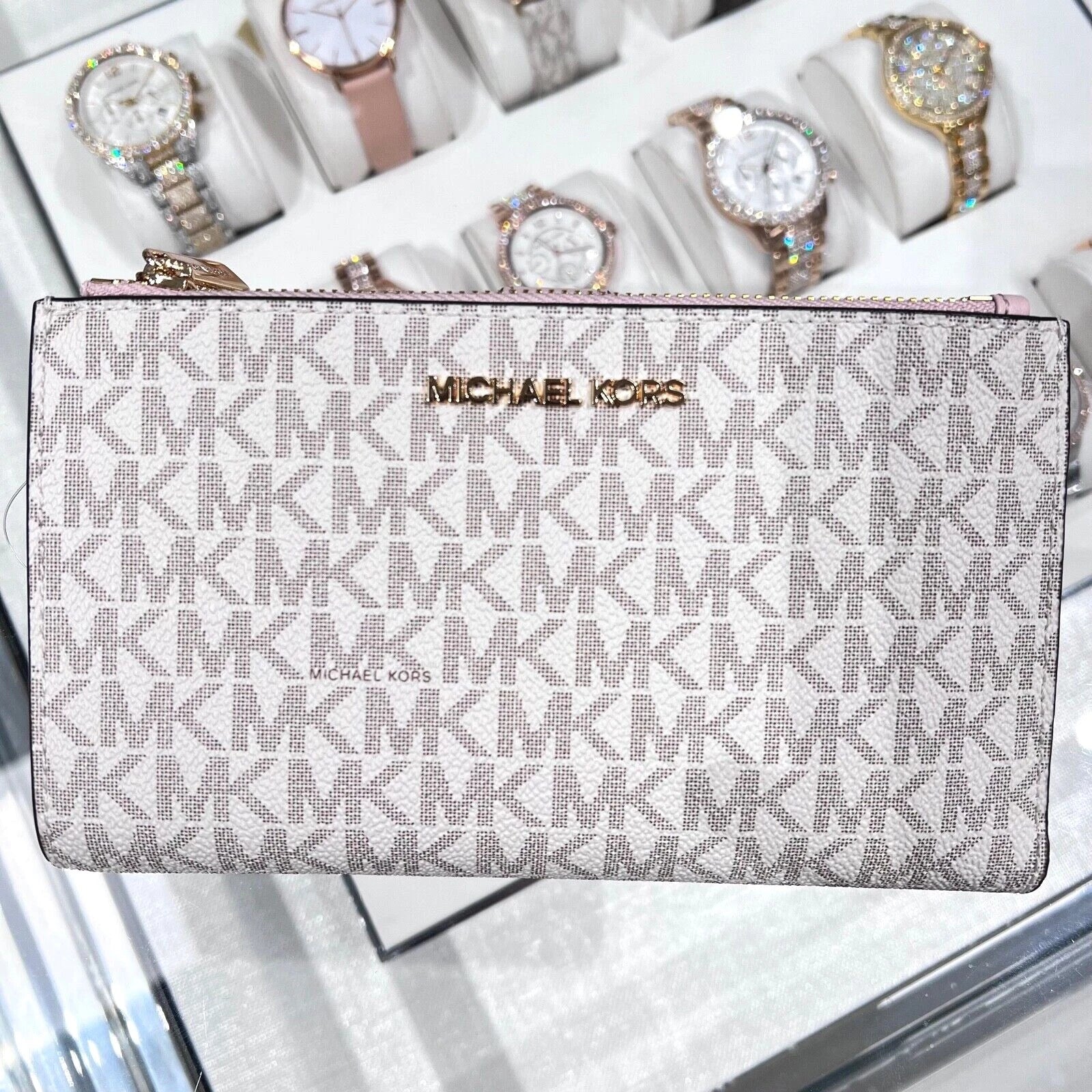 Jet Set Travel Double Zip Wristlet — Powder Blush