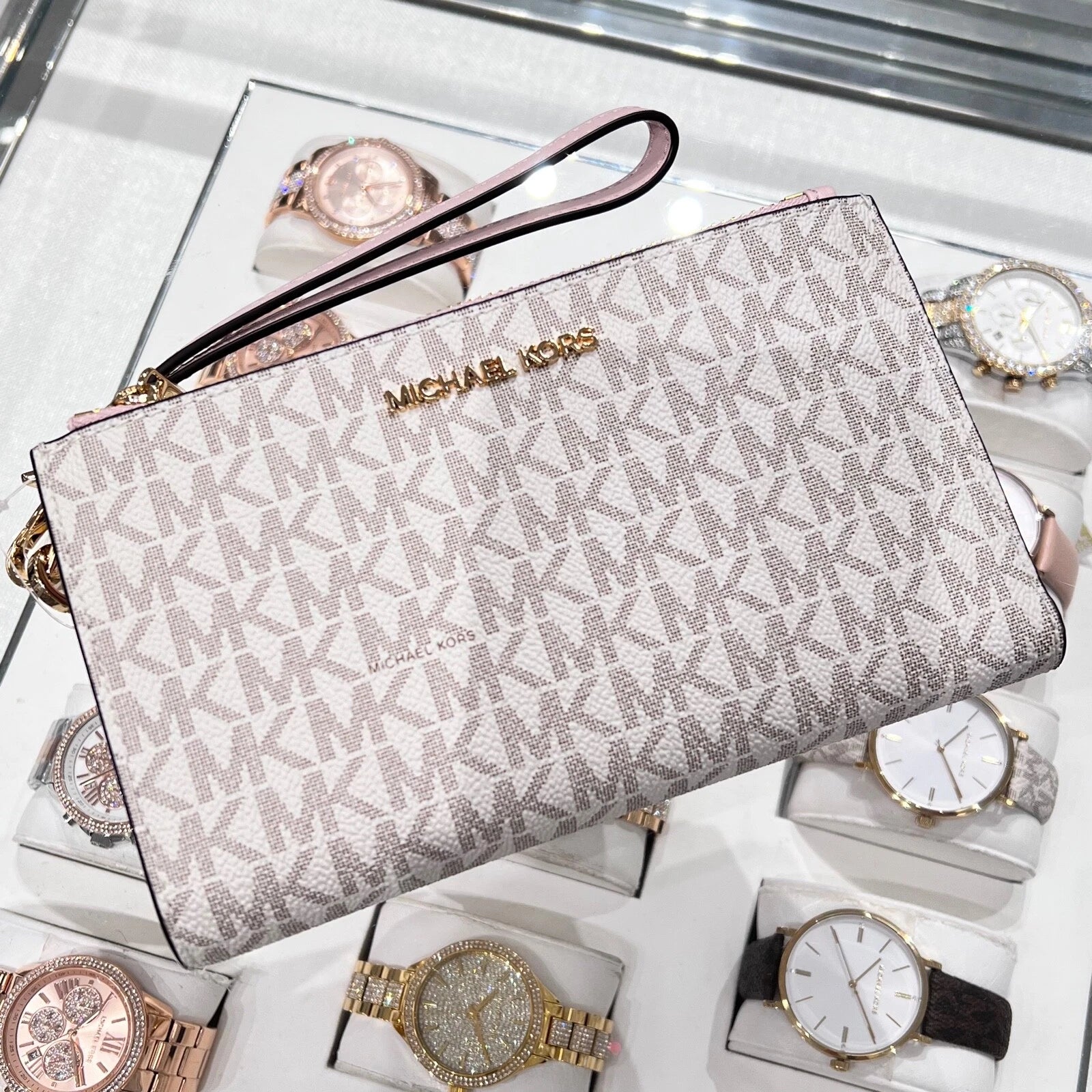 Jet Set Travel Double Zip Wristlet — Powder Blush