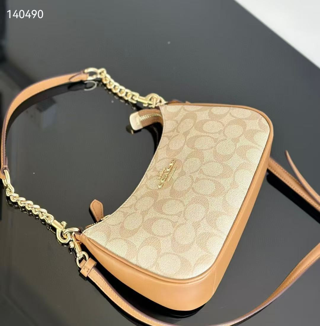 COACH Teri Shoulder Bag In Signature Canvas/Gold/Brown New Fast Shipping