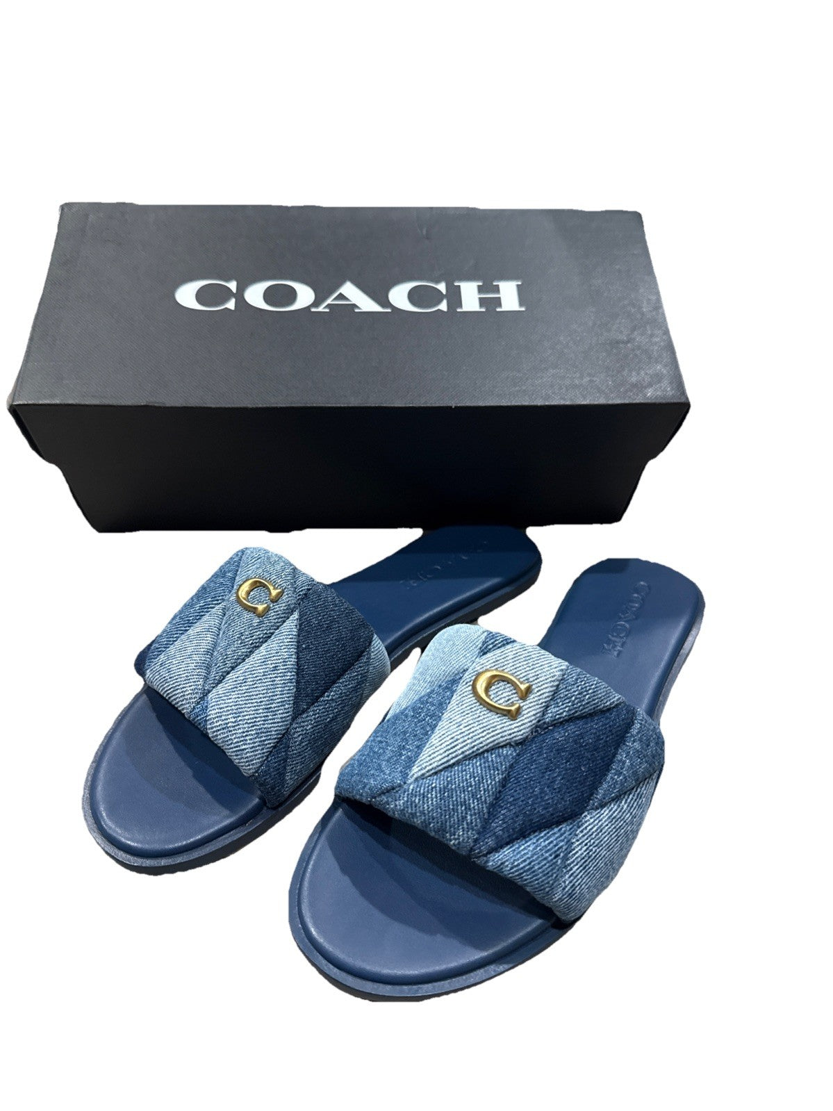 COACH Women's Holly Quilted Patch Denim Logo Detail Slide Sandals Sz 6.5 NIB