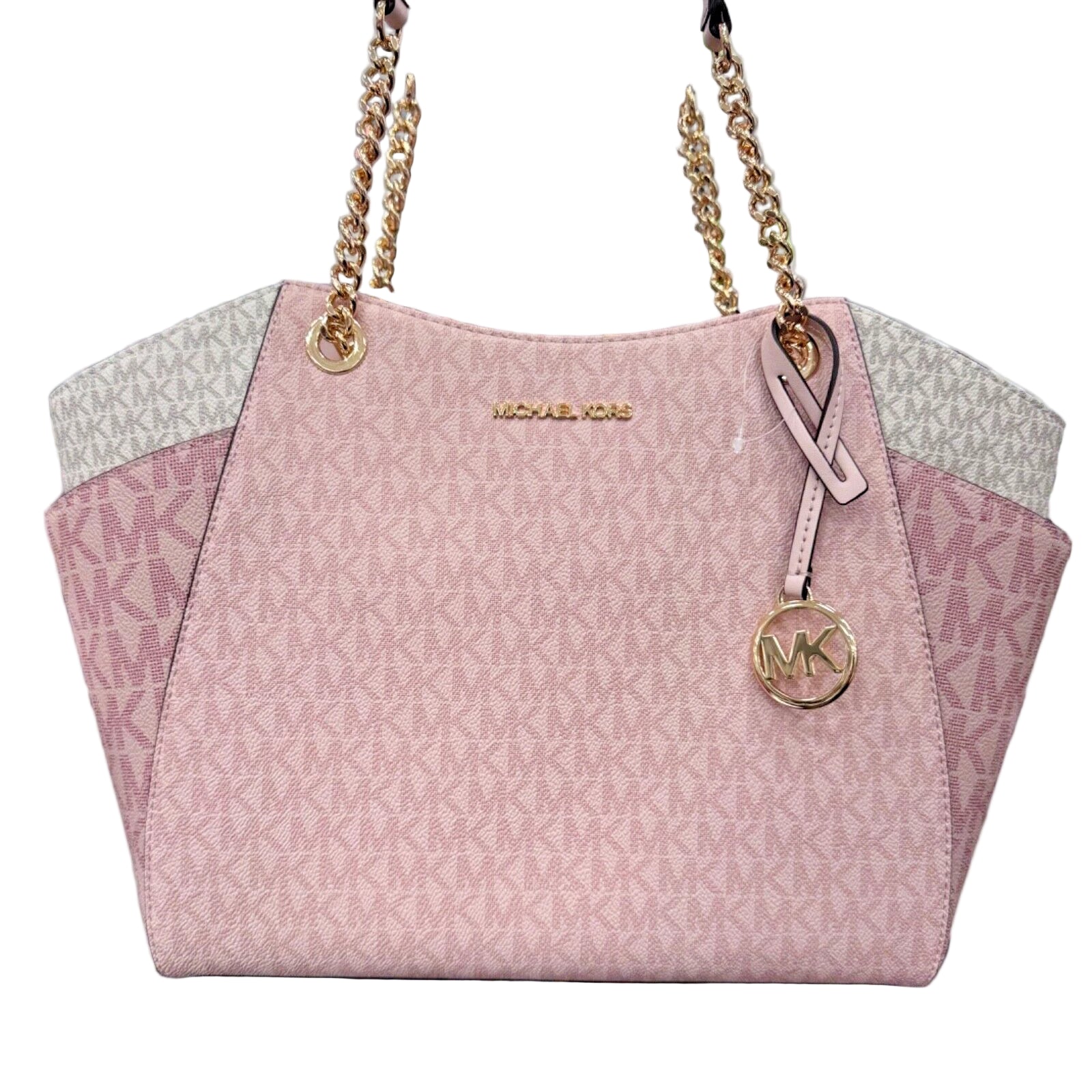 Pink handbag with gold chain strap and logo on a stand in a store setting