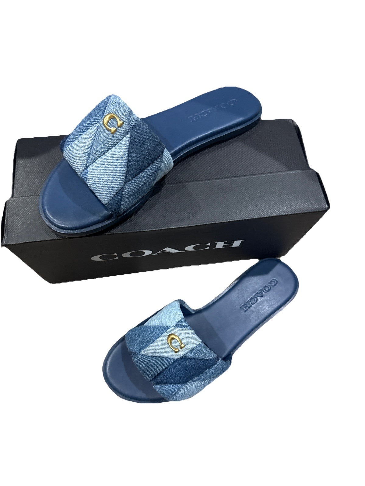 COACH Women's Holly Quilted Patch Denim Logo Detail Slide Sandals Sz 6.5 NIB