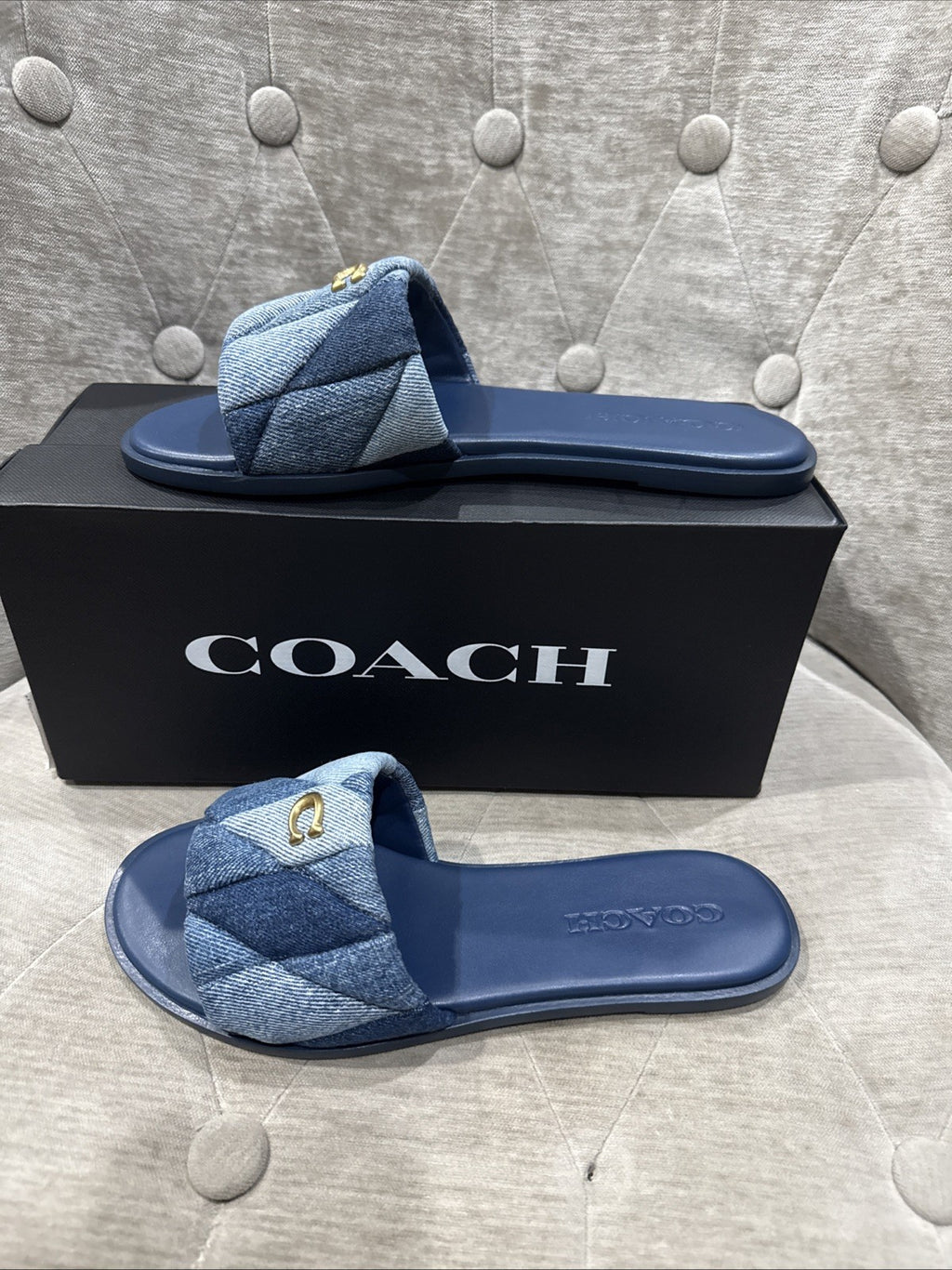 COACH Women's Holly Quilted Patch Denim Logo Detail Slide Sandals Sz 6.5 NIB