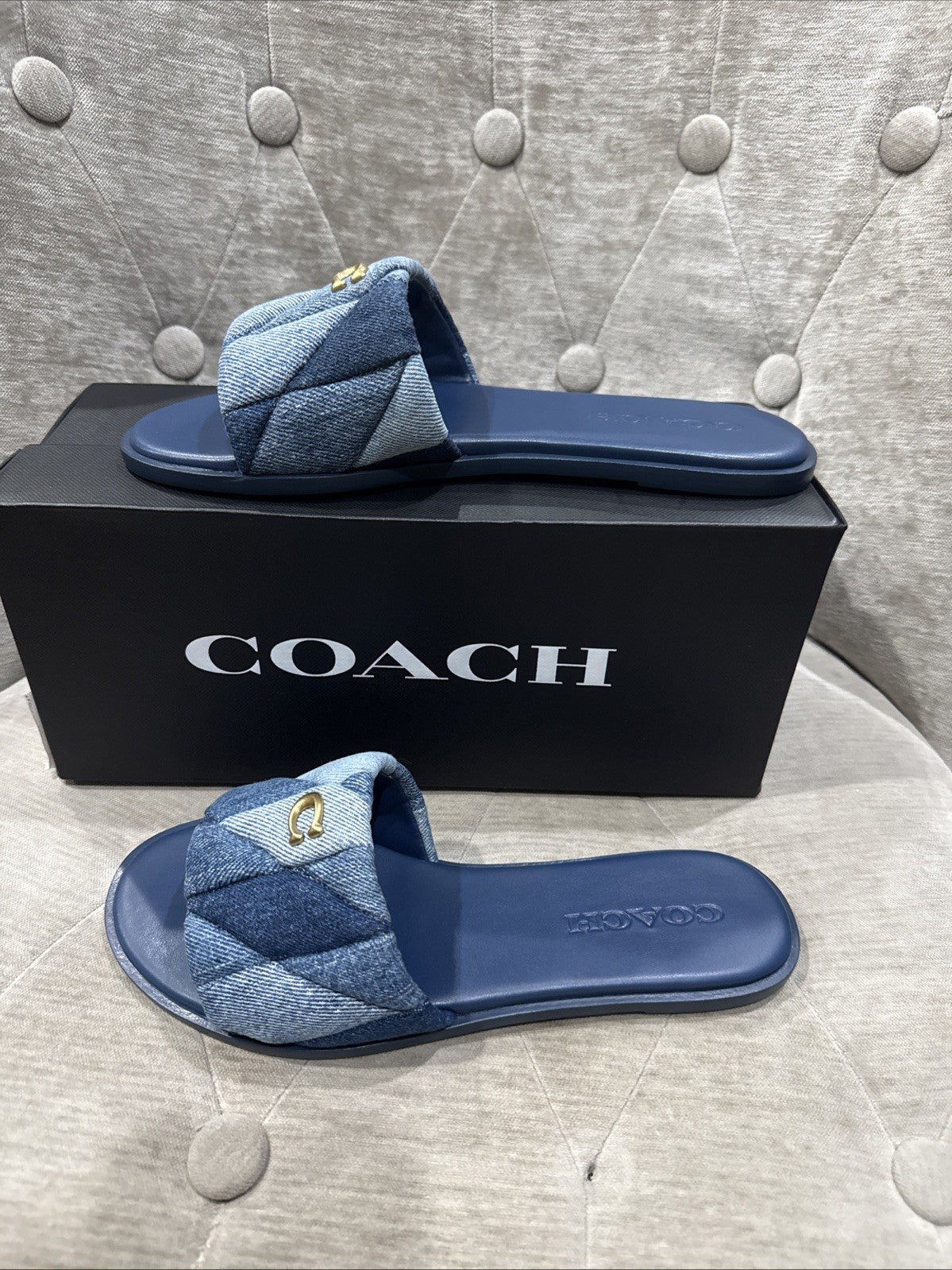 COACH Women's Holly Quilted Patch Denim Logo Detail Slide Sandals Sz 6.5 NIB