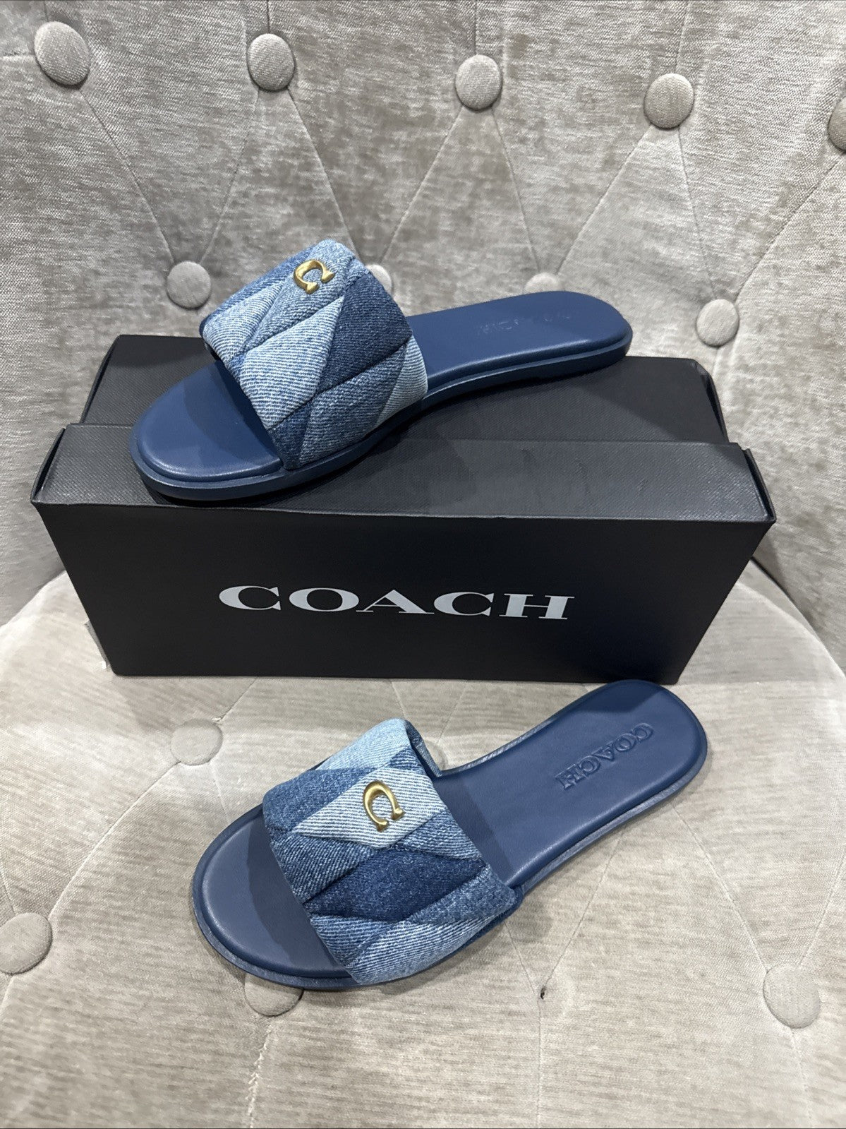 COACH Women's Holly Quilted Patch Denim Logo Detail Slide Sandals Sz 6.5 NIB