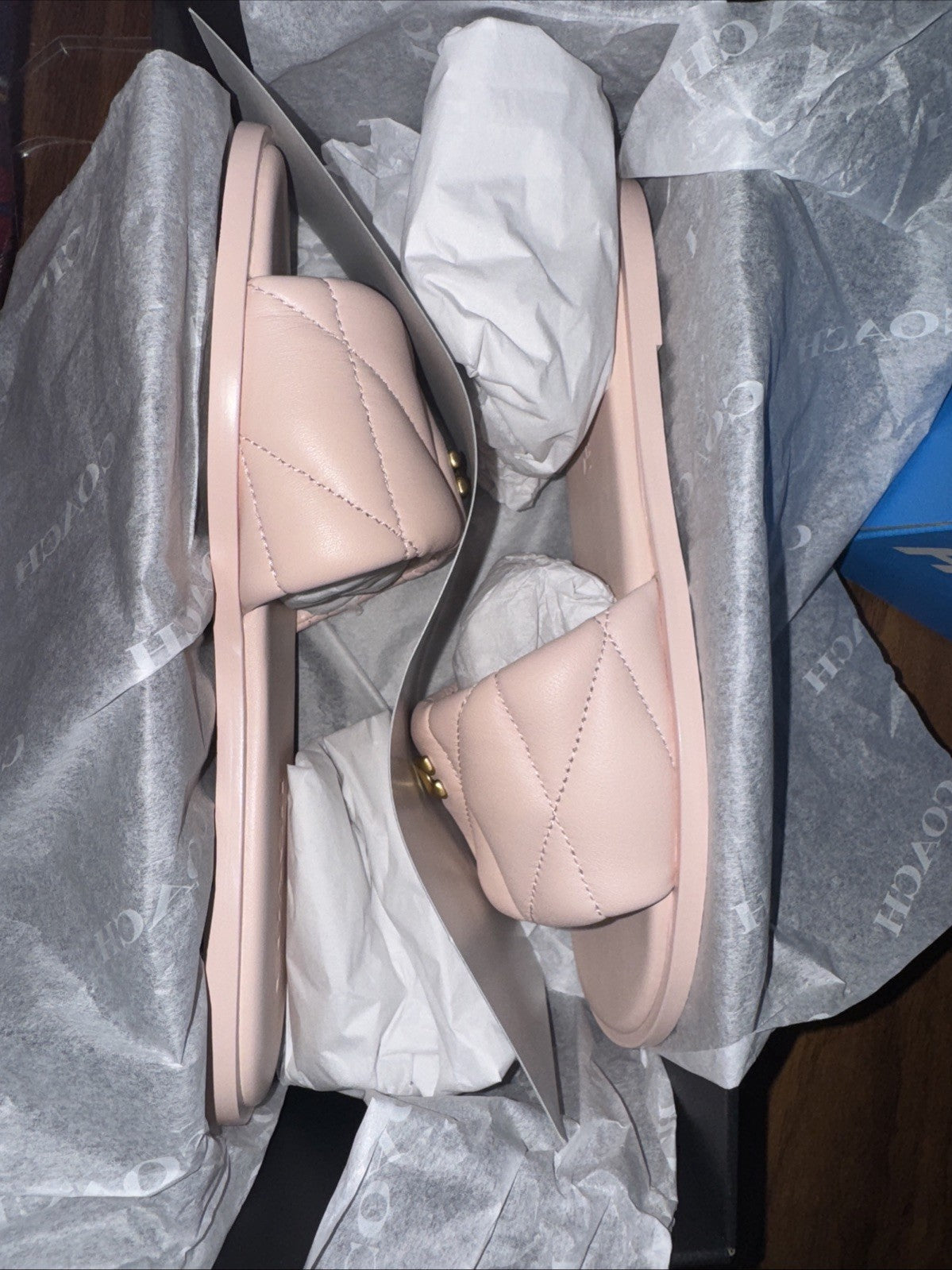 NWB COACH Holly Quilted Leather Slide Sandals, Blush, Size 6, MSRP $165